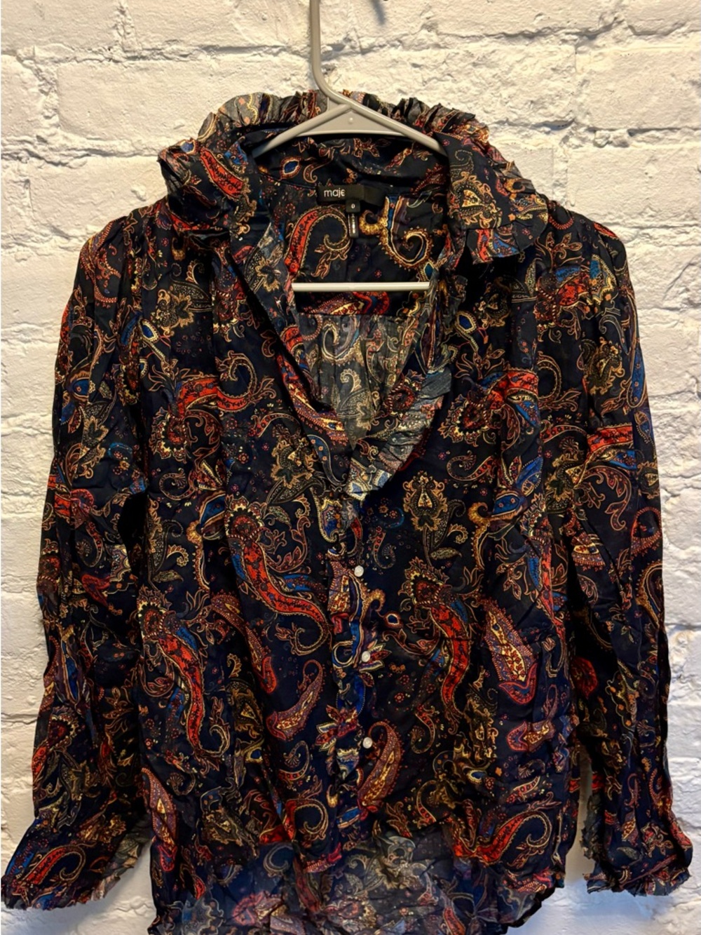 Maje Navy Paisley Lightweight Shirt Jacket with Red & Gold Accents